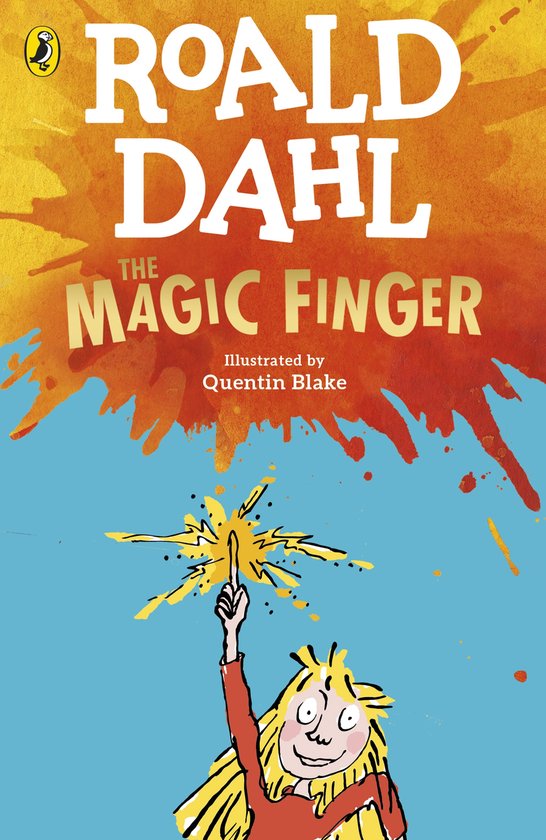 Boek The Magic Finger van Roald Dahl, geïllustreerd door Quentin Blake. Een meisje wijst met een magische vinger.