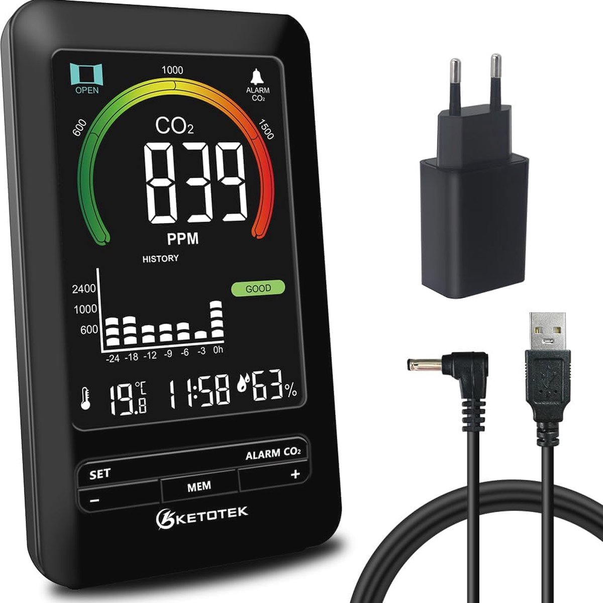CO2-meter voor binnen - Luchtkwaliteitsmeter met temperatuur- en vochtigheidsmeting, alarm