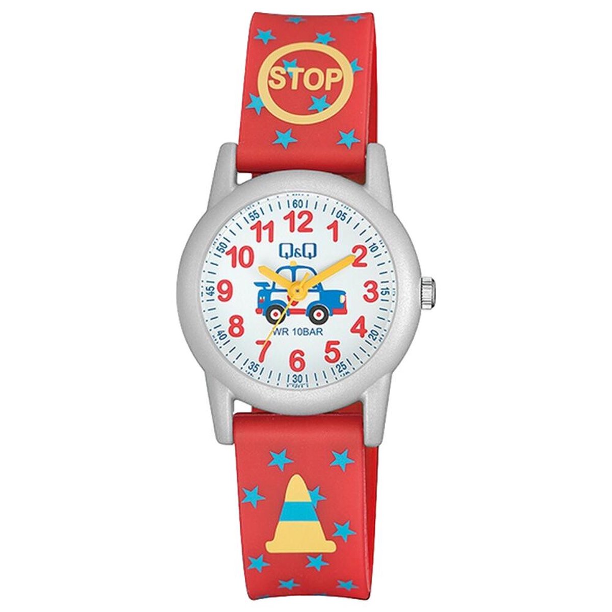 QQ VR99J020Y - Horloge - Sport - Analoog - Kinderen - Unisex - Plastic band - Rond - Kunststof - Cijfers - Sterretjes - Rood - Grijs - Blauw - 10 ATM