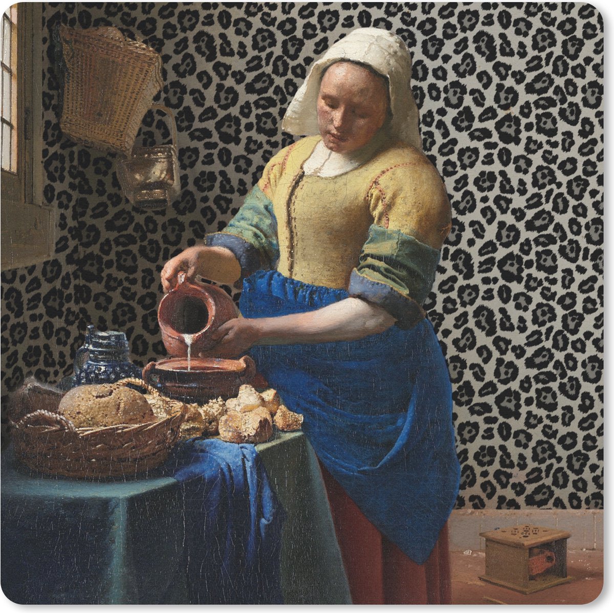 Muismat 30x30 cm - Mousepad Melkmeisje - Kunst - Panterprint - Vermeer - Schilderij - Oude meesters - Muismatten