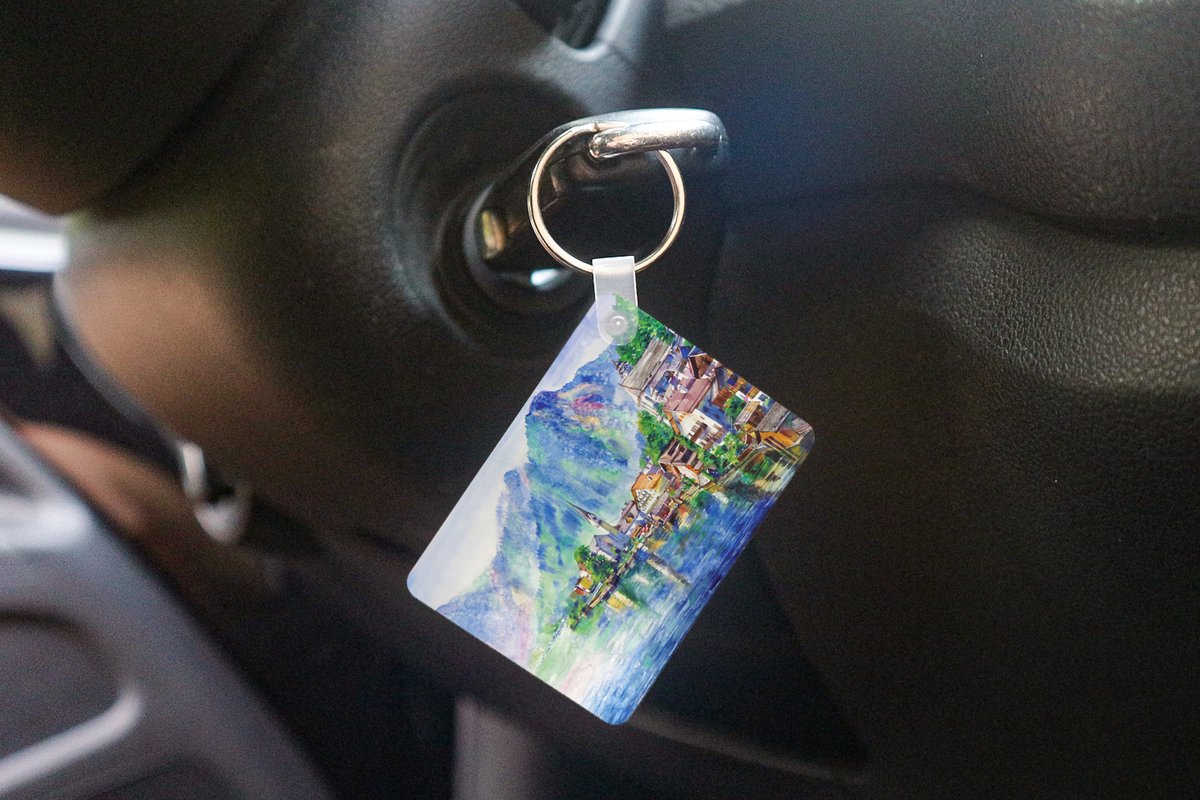 Sleutelhanger - Schilderij - Olieverf - Huis - Bergen - Water - Uitdeelcadeautjes - Plastic