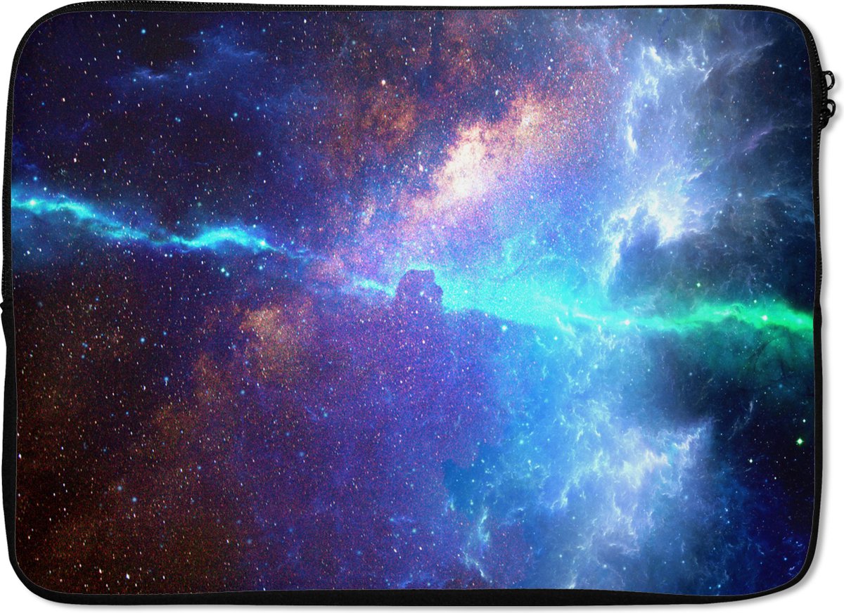 Laptophoes 14 inch - Ruimte - Blauw - Groen - Laptop sleeve - Binnenmaat 33x23 cm - Zwarte achterkant