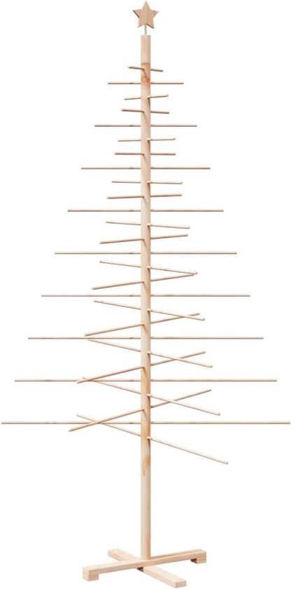 Sapin de Noël en bois de pin massif de 210 cm de haut, sans ornements, avec un support en bois.
