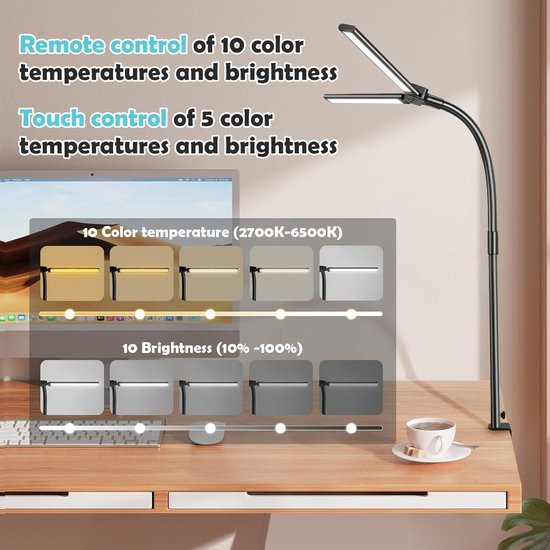 Euakee Lampe de Bureau LED Puissante, 24W 80cm Bureau Pince D