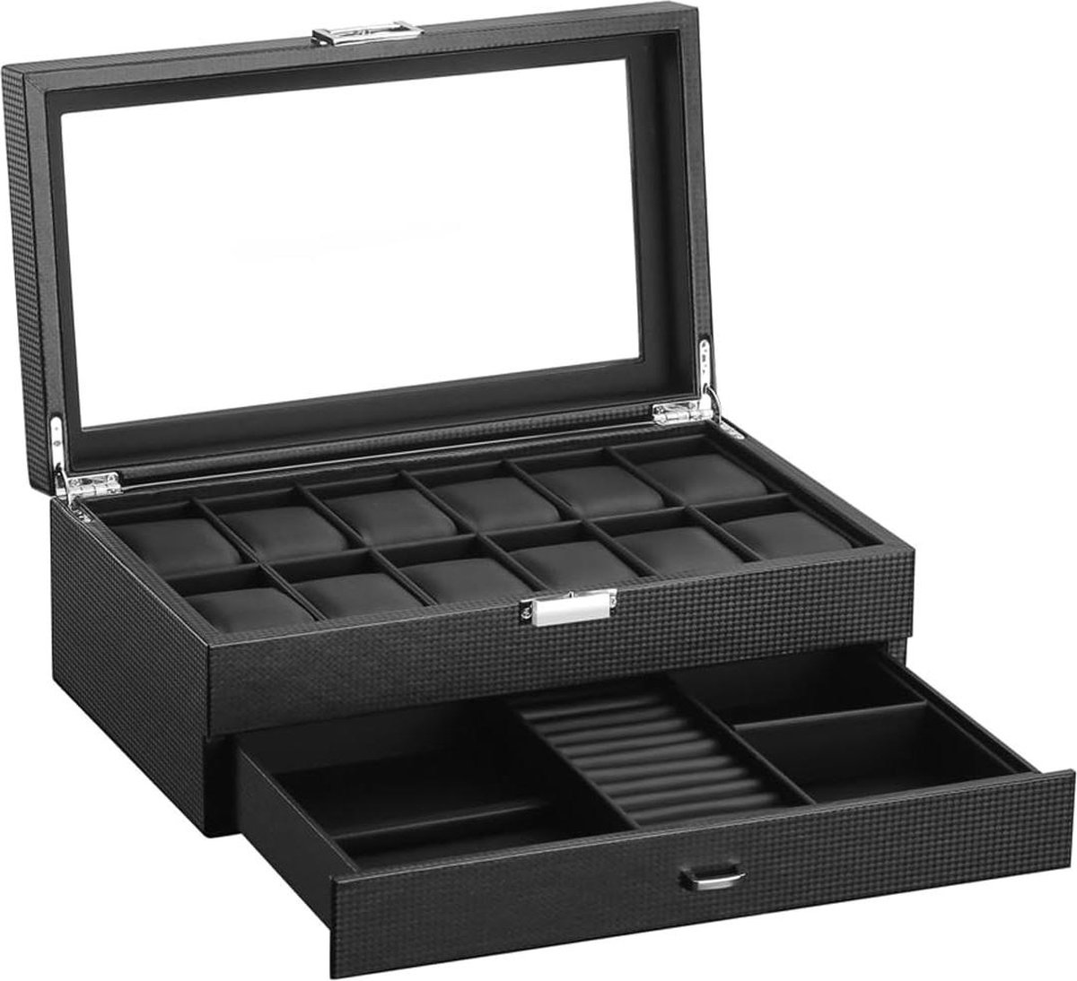 Sieradendoos Horlogedoos 12 vakken met lade luxe presentatie-organizer horlogekoffer glazen display - horloges ringen armbanden - koolstofvezel