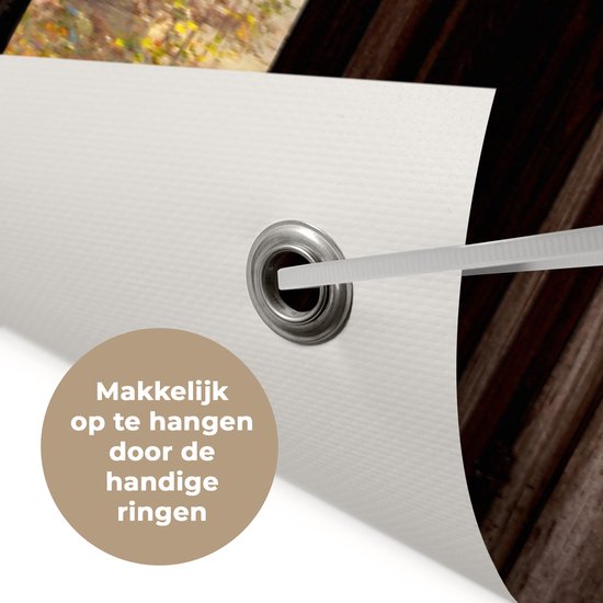 Tuinposter 120x80 cm - Tuindecoratie Herfst - Bos - Bomen - Natuur - Doorkijk - Poster voor in de tuin - Buiten decoratie - Schutting tuinschilderij - Tuindoek muurdecoratie - Wanddecoratie balkondoek