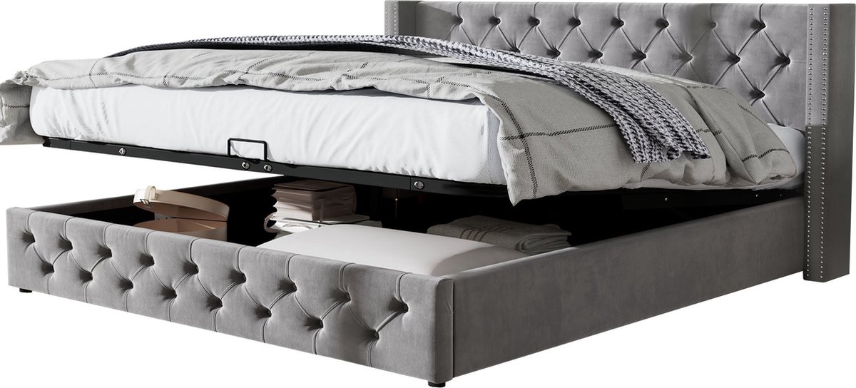 Merax Gestoffeerd Tweepersoonsbed 160x200 cm met Luxe Hoofdbord in Chesterfield Stijl - Fluwelen Bed met Hydraulische Opbergruimte - Grijs