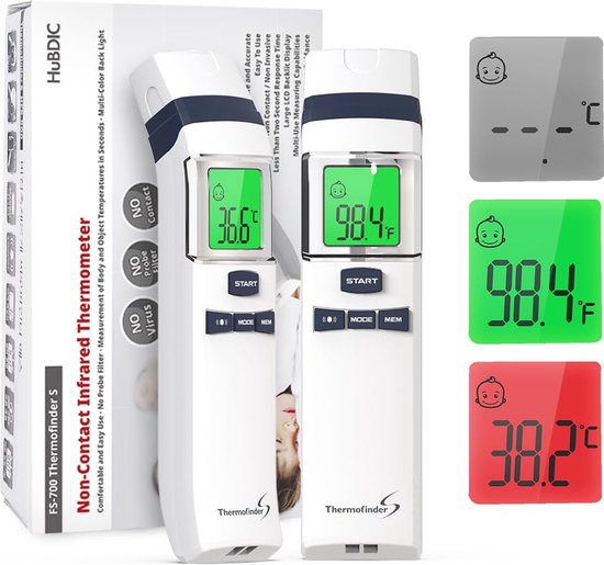 Witte contactloze infraroodthermometer met groen verlicht LCD-scherm, inclusief doos en kleurveranderende display-iconen.