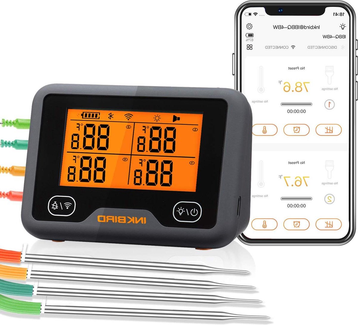 Vleesthermometer Oplaadbaar Draadloos - 4 Probes - Roker Oven Keuken