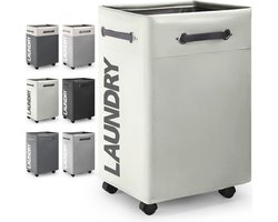 Grote Inklapbare Wasmand met Wieltjes 74L - Opvouwbare Dunne Wasmand met Handvat - Praktische Opbergbox voor Slaapkamers en Wasruimte - Gebroken Wit en O2