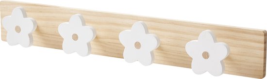 Houten kapstok met vier witte bloemenhaken.