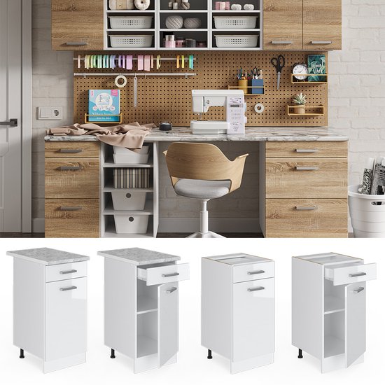 Vicco Élément bas universel R- Line, Wit brillant/ Wit, 40 cm avec tiroir, avec plan de travail