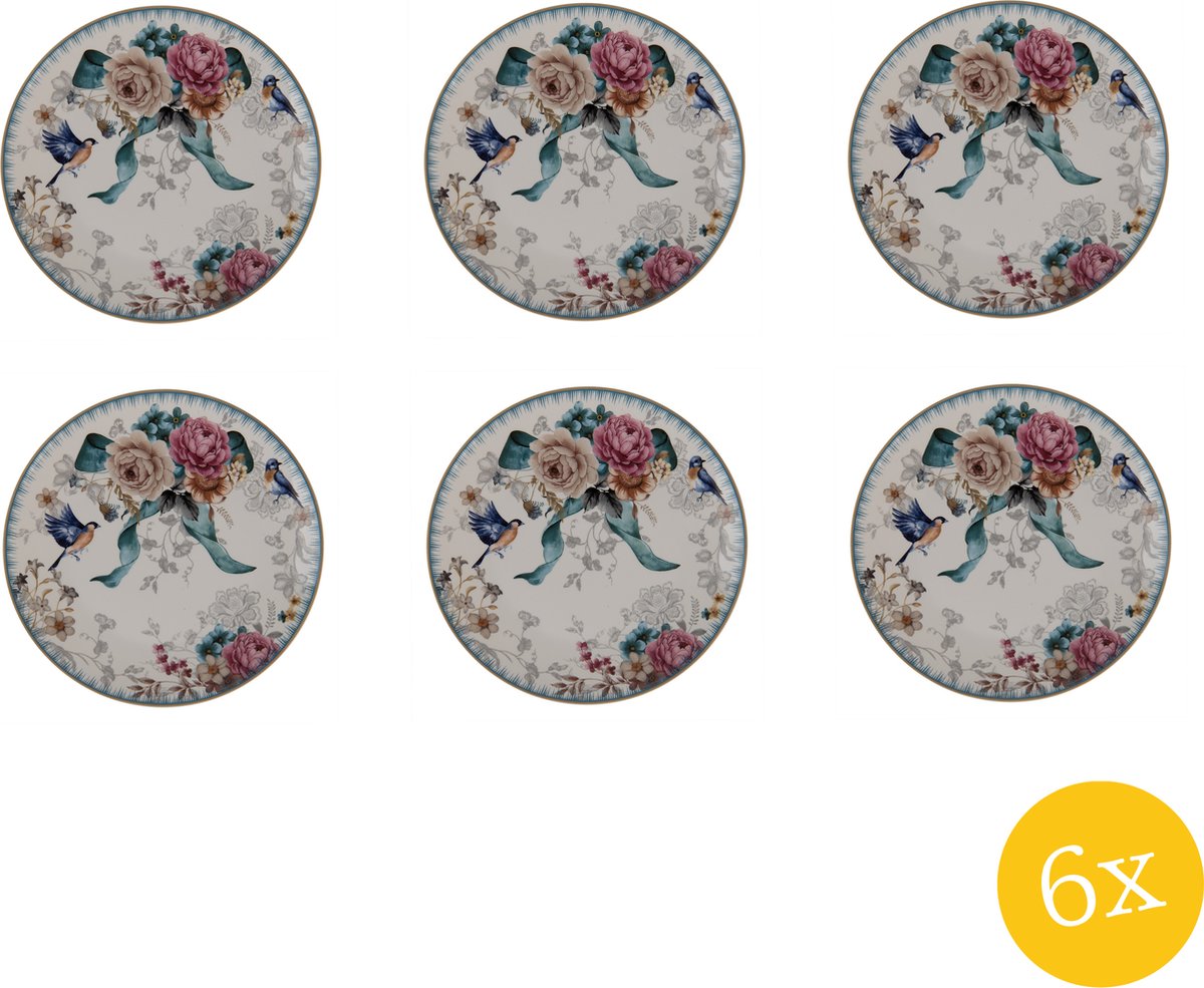 Clayre & Eef Ontbijtbord set van 6 stuks Ø 20 cm Wit Roze Porselein Rond Bloemen Bord