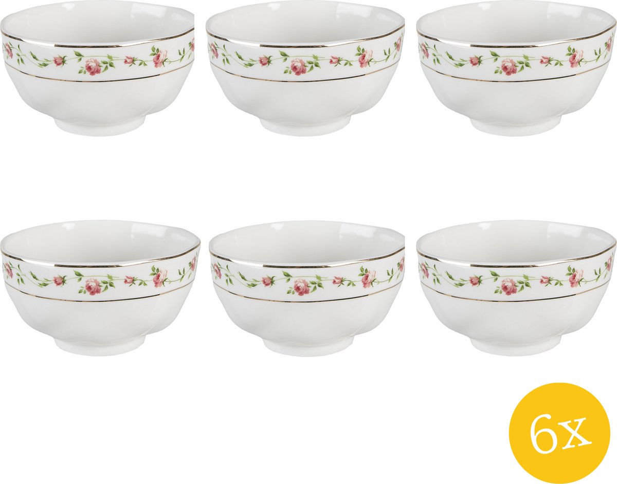 Clayre & Eef Soepkom set van 6 stuks 300 ml Wit Roze Porselein Rond Bloemen Serveerkom