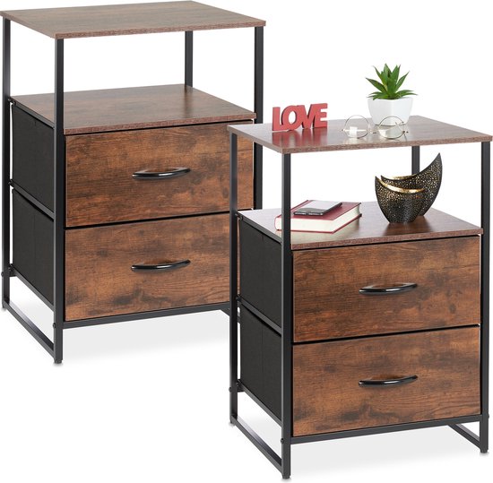Nachtkastje industrieel - set van 2 - 70x45x42,5 cm - zwart-bruin