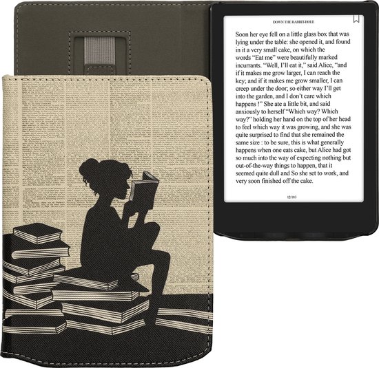 kwmobile e-reader hoesje geschikt voor Pocketbook Verse / Verse Lite / Verse Pro / Color / Vivlio Light/Light HD hoes - E reader flip case met magneetsluiting - Ereader cover - Meisje met boeken design in zwart / beige van Merkloos — afbeelding 4