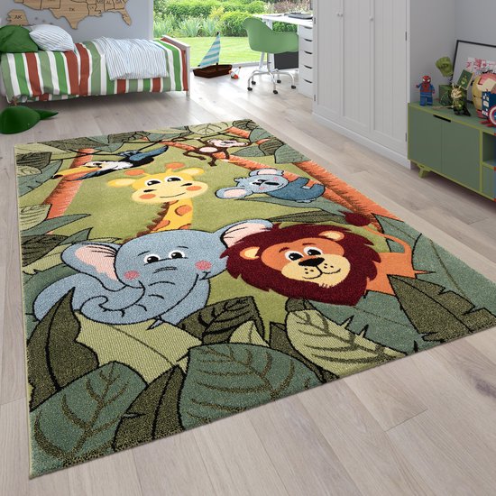 Paco Home Tapis pour chambre d'enfant pour garçon avec motifs d'animaux et de jungle poils courts 120 cm Bœuf