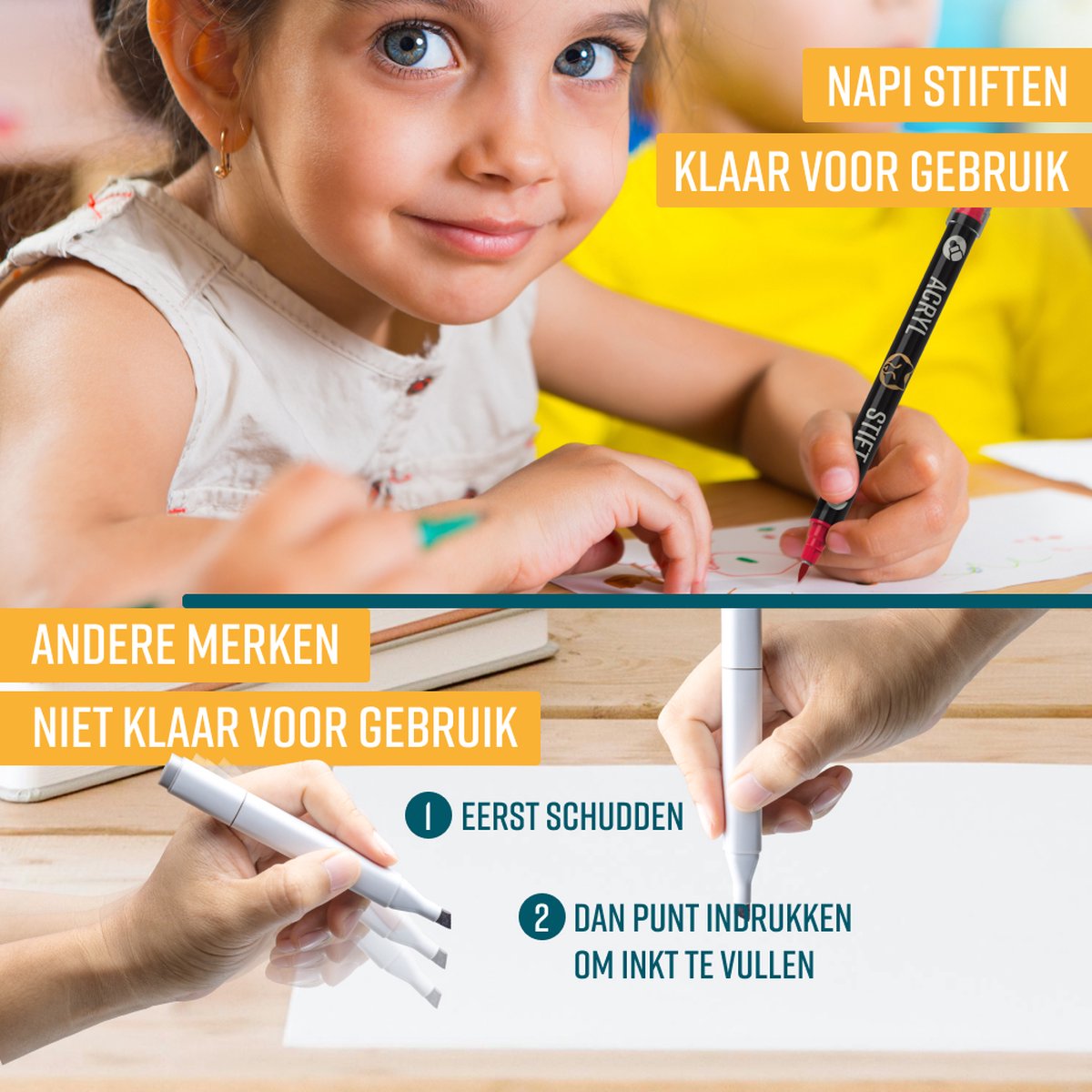 Napi Acrylstiften 24st - Brush en Fine Tip Twinmarkers - Verfstiften Happy Stones - Stenen Schilderen met Acryl Verf Marker Stiften - Volwassenen en Kinderen - Incl. 2 Mandala Sjablonen — afbeelding 6