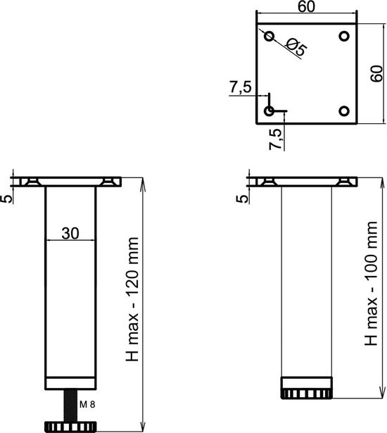 ATM Set van 4 tafelpoten, verchroomd metaal, 60 mm, H-710 mm, bureaupoten, meubelpoten, metaal en staal, verstelbare meubelpoten, tafelpoot, 74,5 cm hoog, meubelpoten, bureaupoten