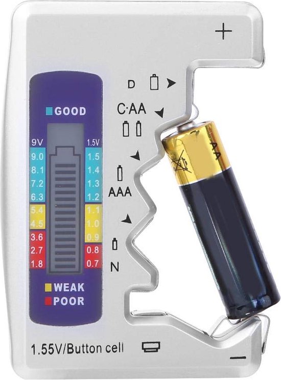 Goobay 78325 Batterijtester voor alle batterijen en accu's, batterijtester voor AAA/AA/C / 9V / D/N & 1,5 V knoopcel, batterijtestapparaat, lcd-display, grijs
