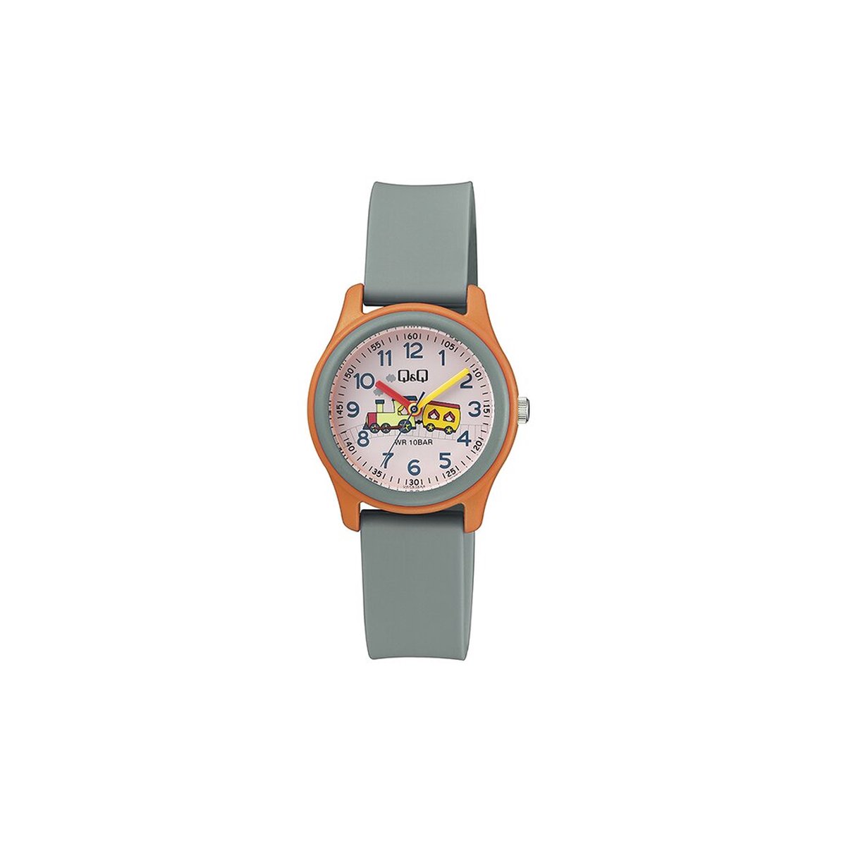 QQ VS59J008Y - Horloge - Sport - Analoog - Kinderen - Unisex - Plastic band - Rond - Kunststof - Cijfers - Trein - Grijs - Oranje - Roze - 10 ATM