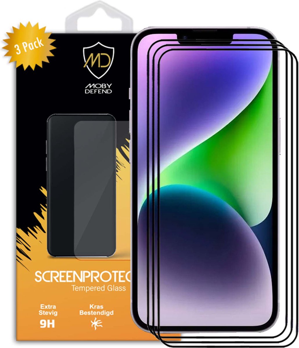 3-Pack MobyDefend Screenprotectors - Geschikt voor iPhone 14 Plus - Screensavers Met Zwarte Randen - Gehard Glas