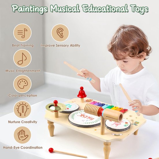 YGJT Drumstel voor Kinderen, 10-in-1 Muziekinstrumenten vanaf 1, 2, 3 Jaar, Met Xylofoon, Montessori Babyspeelgoed, Houten Speelgoed voor Pasen, Kerstmis, Cadeau
