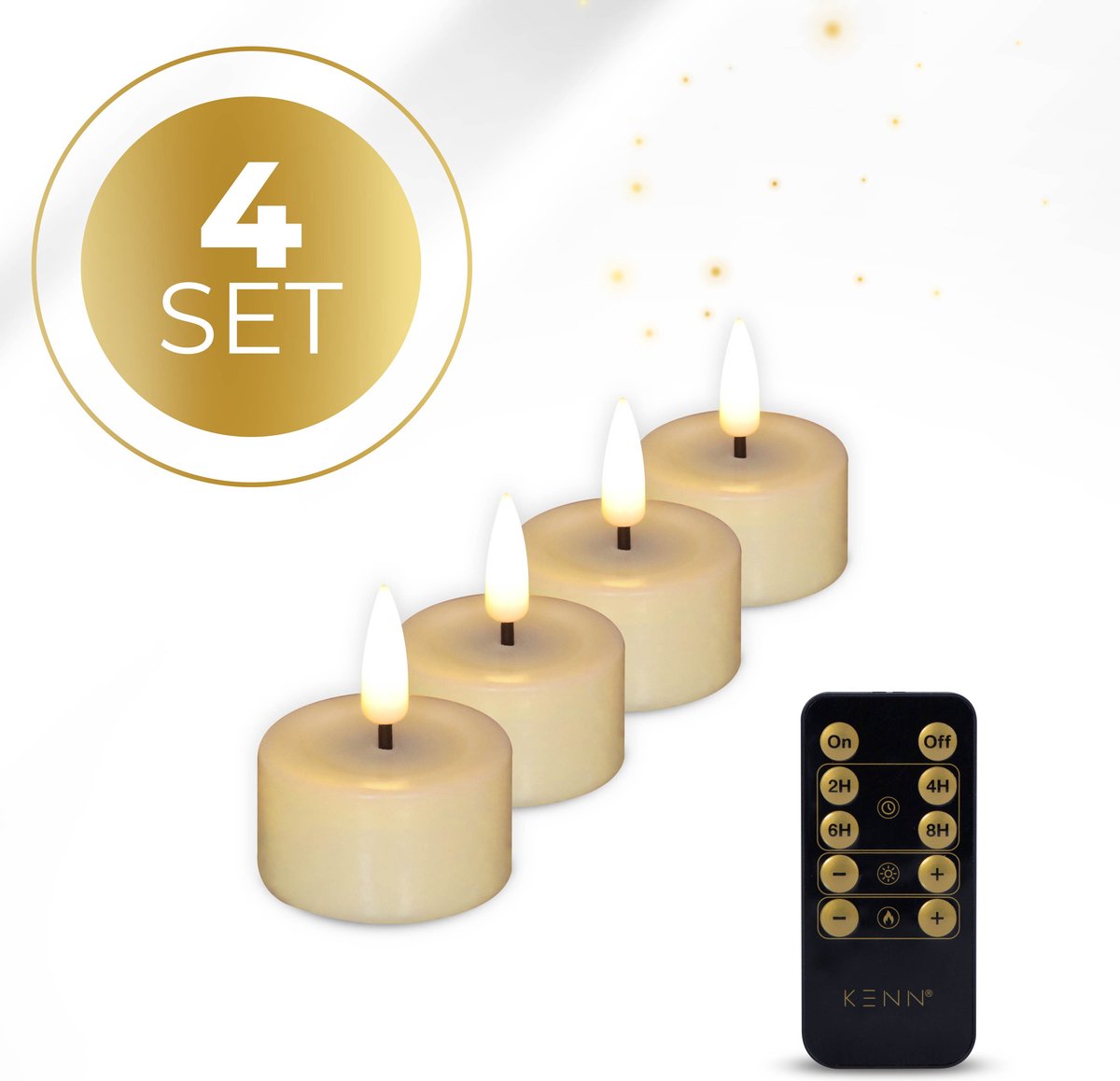 KENN® LED Waxinelichtjes – Set van 4 – Ivoor – Echte Wax – Met Afstandsbediening & Timer – Tot 300 Branduren – Inclusief Batterijen – LED Theelichtjes – Kaarsen op Batterij – Realistisch Flikkerende Vlam - Nep Waxinelichtjes
