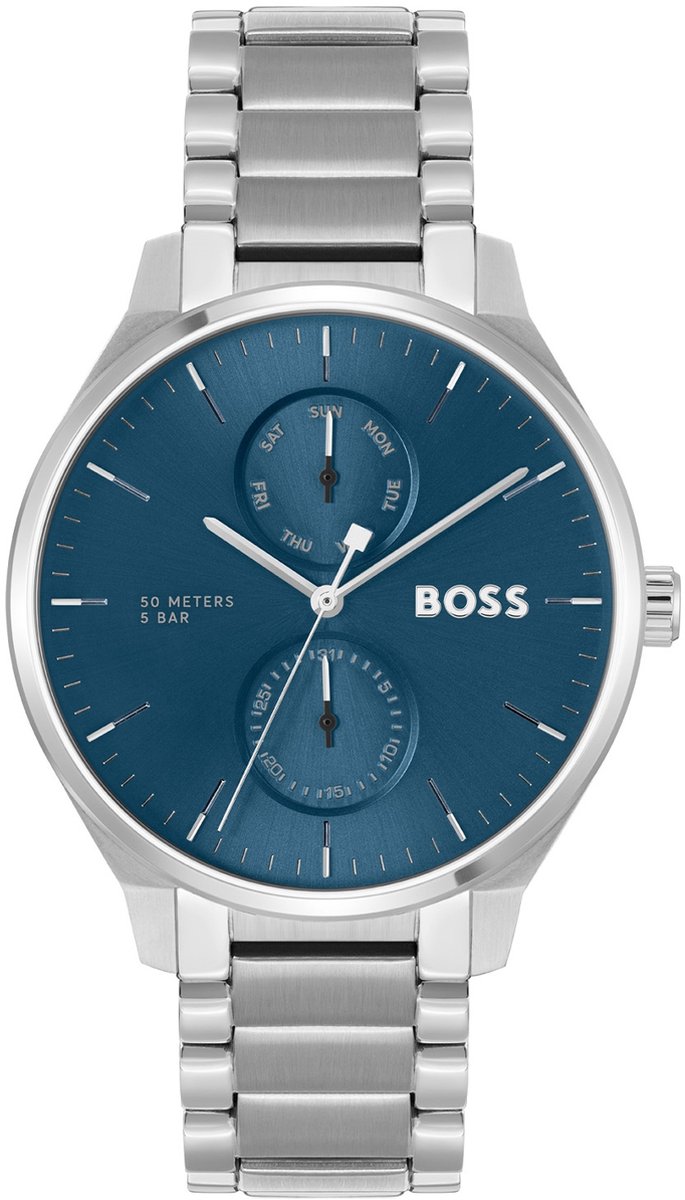 BOSS HB1514106 TYLER Heren Horloge - Mineraalglas - Staal - Zilverkleurig - 43 mm breed - Quartz - Vouw-Vlindersluiting - 5 ATM (douchen)