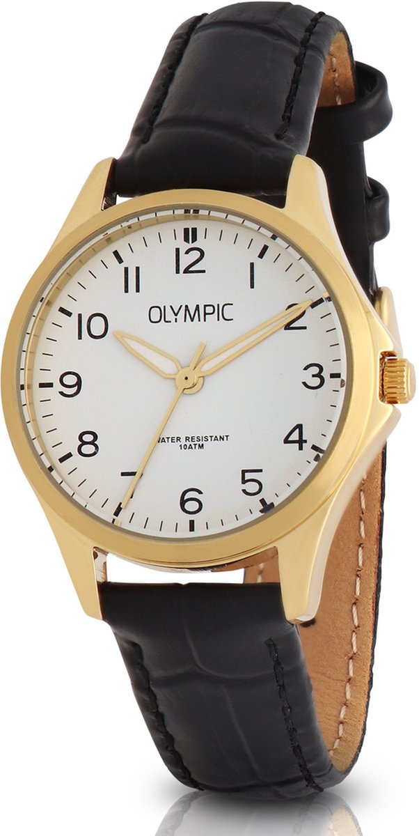 Olympic OL72DDL004 Robin Dames Horloge - Mineraalglas - Staal-Leer - Goudkleurig-Zwart - 29 mm breed - Quartz - Gesp - 10 ATM (zwemmen)