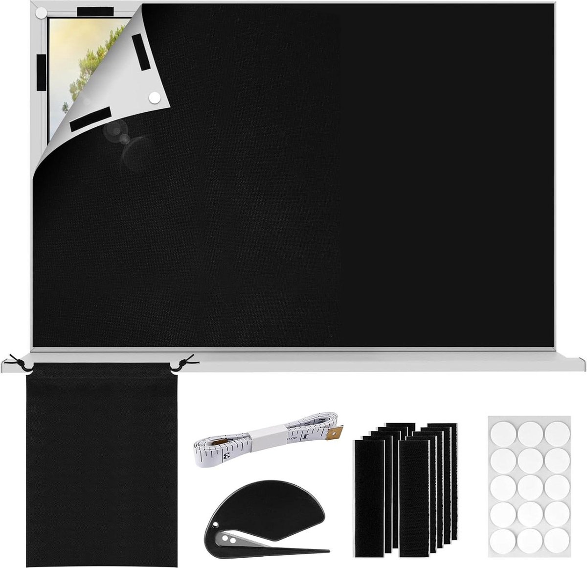 RISVOWO Verduisteringsstof voor dakramen, 300 x 145 cm, draagbaar verduisteringsrolgordijn voor op reis, zonder boren, inclusief 30 nano- plakbanden, vrij gesneden, herbruikbaar (zwart