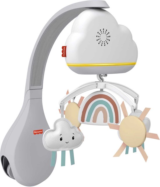 Witte wolkmuziekdoos met hangende regenboog, zon en wolken, op een witte achtergrond.