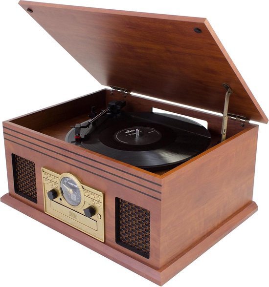 Foto: Nostalgisch muziekcentrum van hout met platenspeler cd speler bluetooth cassettedeck usb radio cassette speler