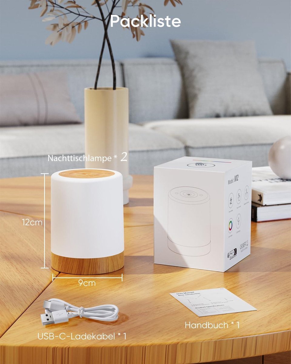 Nachtlampje met 20 W oplaadfunctie, led-bedlampje, aanraken, dimbaar, met 9 kleuren en 3 modi, houtnerf, led-tafellamp, tafellamp met oplaadfunctie, timing en geheugen voor decoratie, woonkamer