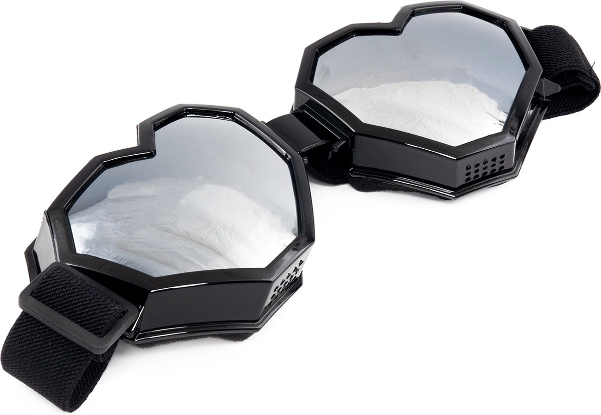 KIMU® Goggles Hartjes Skibril - Bril Zwart Montuur - Zilveren Spiegelglazen - Steampunk Zilver Hart Grote Spacebril Elastiek Dames Heren Festival