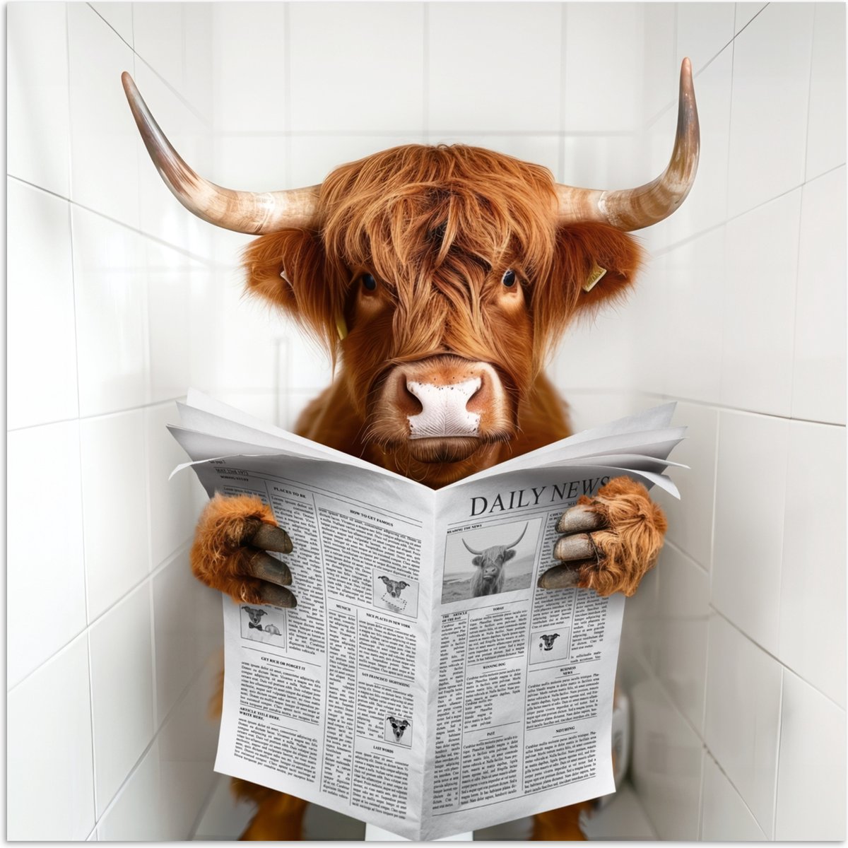 Poster 100x100 cm - Schotse Hooglander - Dier - Krant - Toilet - Posters - Wanddecoratie b
