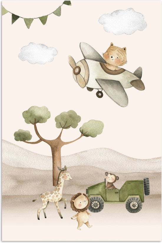 Affiche 80x120 cm - Animaux sauvages - Safari - Couleurs pastel - Aquarelle - Avion - Posters - Accessoires de décoration de chambre - Décoration murale chambre enfant - Décoration murale chambre bébé