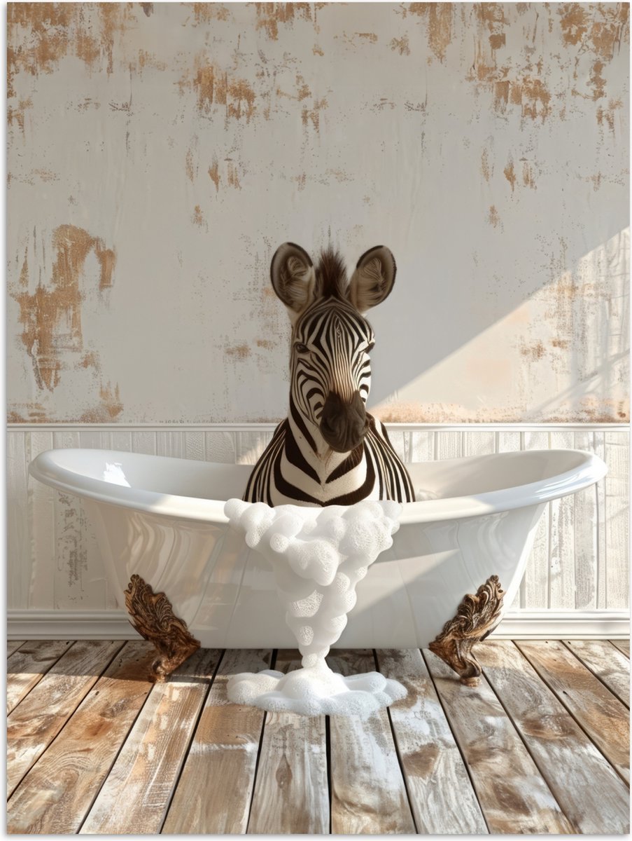 Poster 120x160 cm - Vintage - Zebra - Wilde dieren - Badkuip - Posters - Wanddecoratie bad