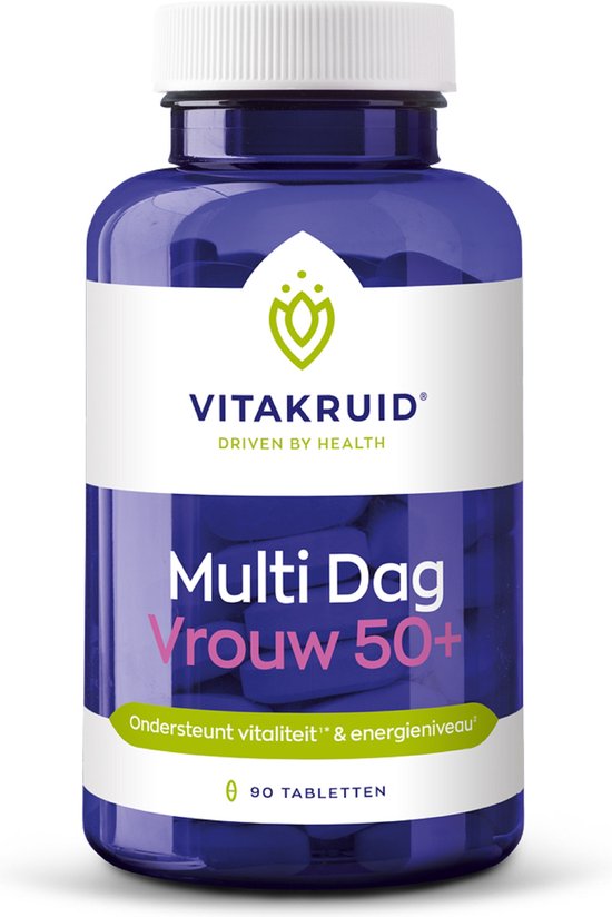 Blauwe fles Vitakruid Multi Dag Vrouw 50+ supplementen, 90 tabletten. Tekst: "Ondersteunt vitaliteit & energieniveau."
