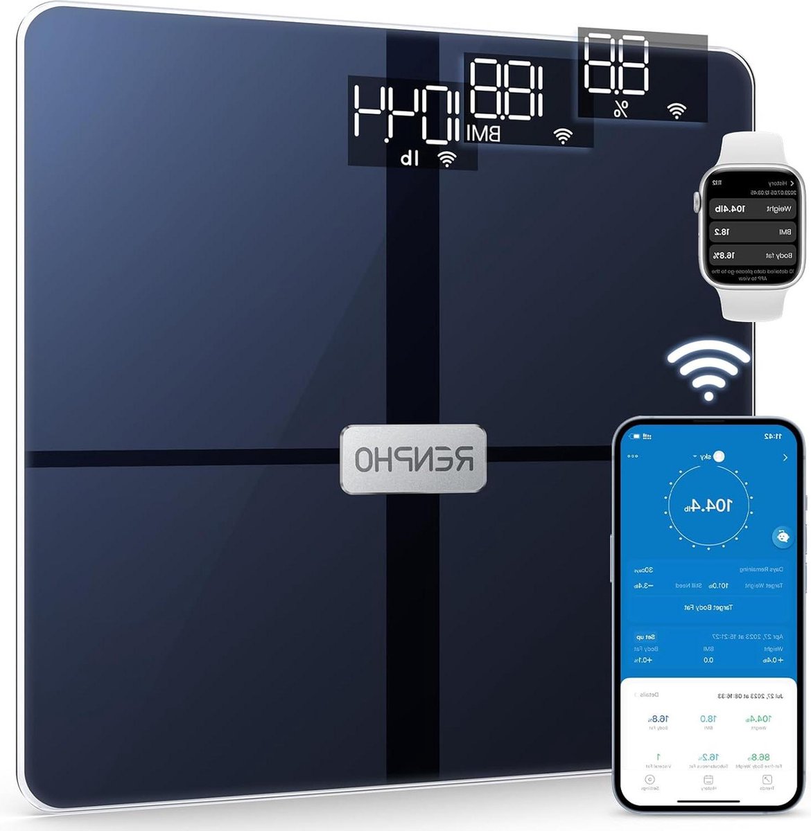 Weegschaal Personenweegschaal met lichaamsvet en spiermassa monitoring- WLAN slimme- Bluetooth 13 lichaamswaarden voor uw gezondheid
