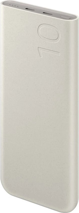 Beige powerbank met '10' erop, met USB-C poorten aan de bovenkant.