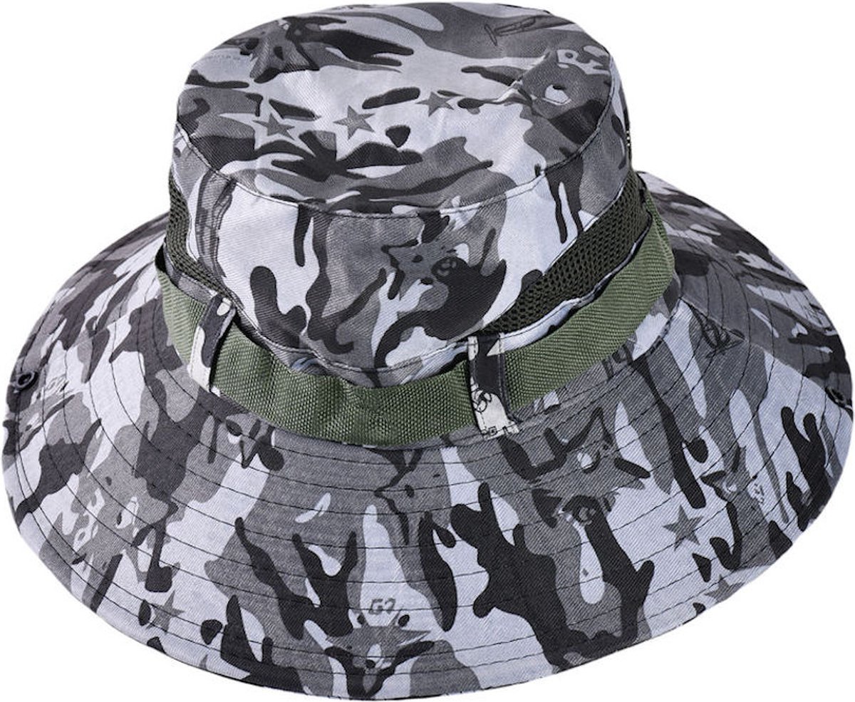 Decopatent - Camouflage Jungle Hoed - Bucket Hat Safari - Vissershoedje Heren - Dames - Volwassenen - Maat 56/58 - Zonnehoed Outdoor Vissershoed - Kleur: Army GRIJS