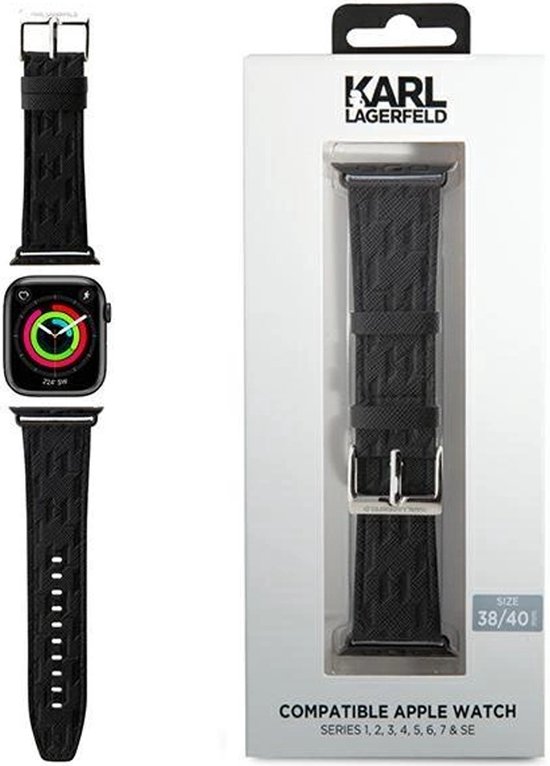 Zwarte Karl Lagerfeld Saffiano Monogram band voor Apple Watch, verpakt in doos. Geschikt voor 38/40/41mm.