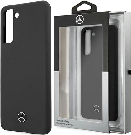 Zwarte Mercedes-Benz telefoonhoes in verpakking. De hoes heeft een zilverkleurig logo.