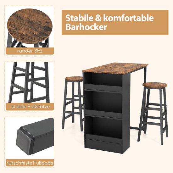 Bartafel Met Barkruk 3-Delige Bartafelset Met Opbergvakken Glashouder En Wijnrek Toontafel Met 2 Krukken Voor Eetkamer Pub