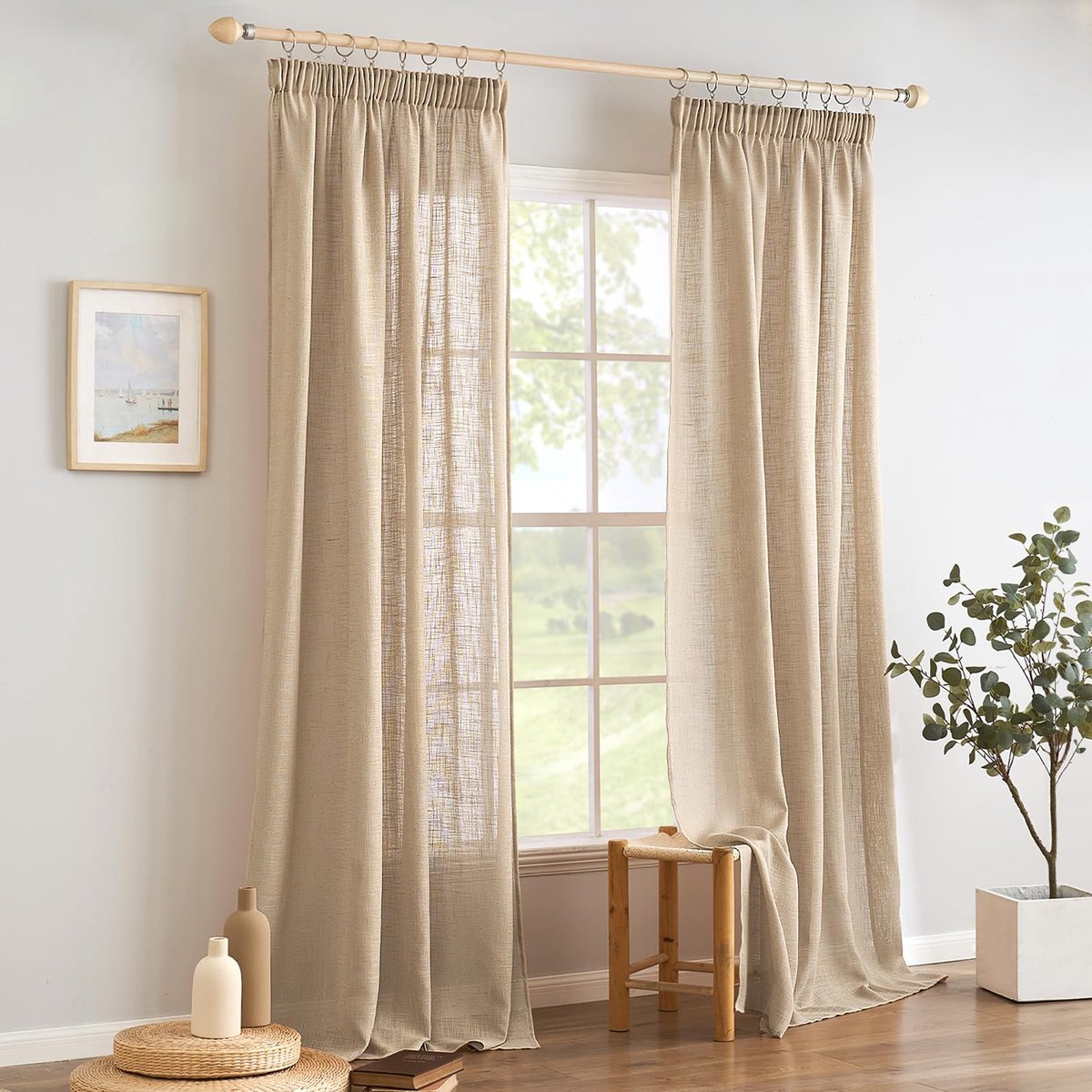 Ibenzoa Luchtige Linnenlook Gordijnen Set van 2 voor Moderne Interieurs, 140 x 260 cm, Beige