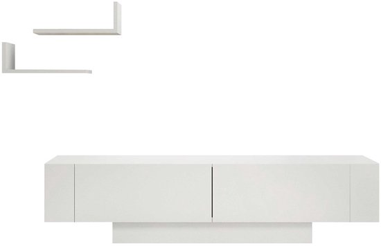 Een witte tv-meubel met twee deuren en zwevende wandplanken.