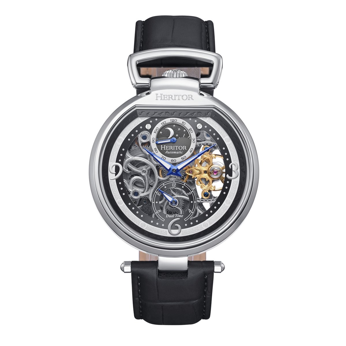 Heritor Automatic Lincoln Skeleton Horloge met Leren Band en Maanfase - Zwart