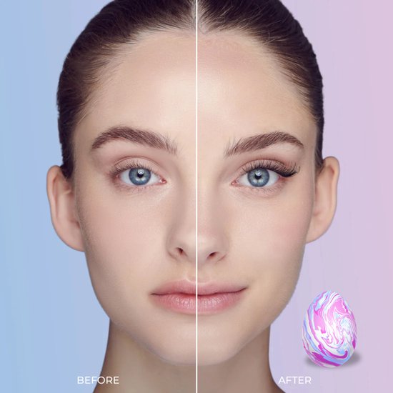 Voor en na foto van een vrouw met wimpers; rechts met één Falsacra wimpersegment.