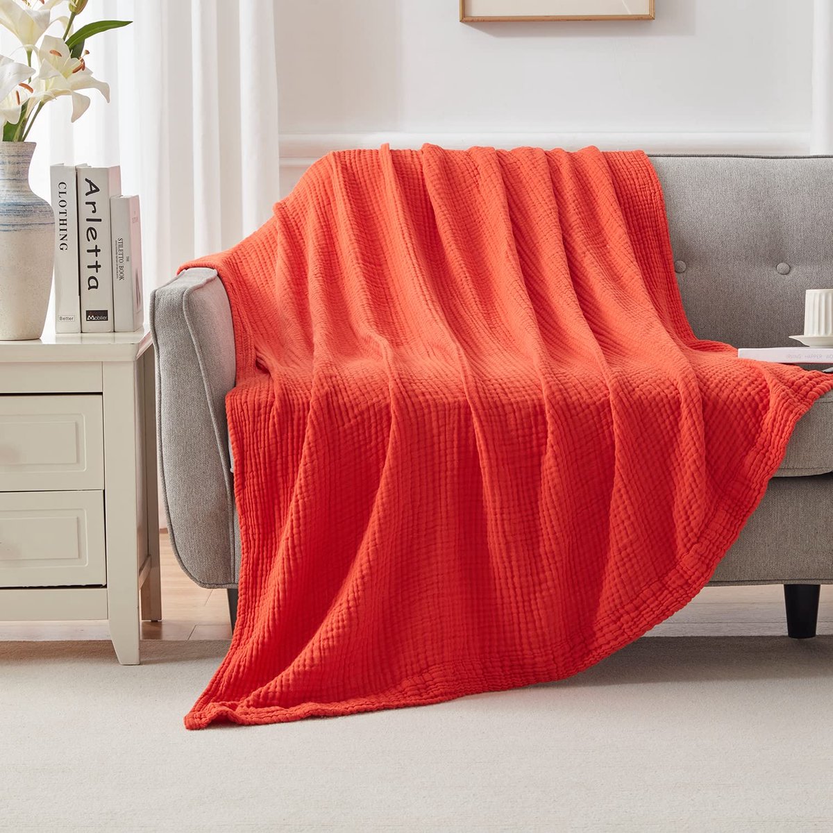 Unyqoos Ademend Zachte Katoenen Musselin Deken voor Comfort in Alle Seizoenen, 140 x 190 cm, Roestoranje rood